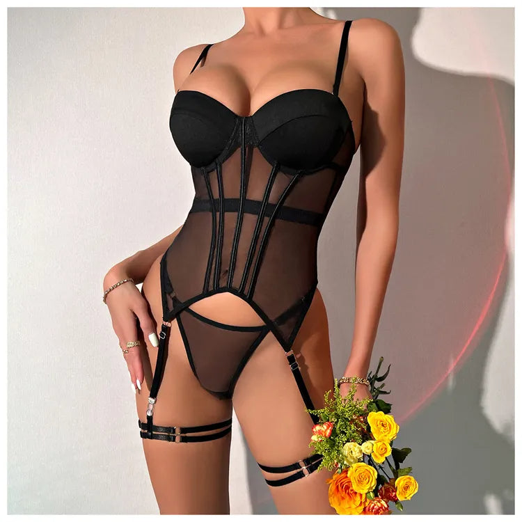 conjunto lingerie Body Corset Transparente c/Bojo Cinta-Liga preto sexy