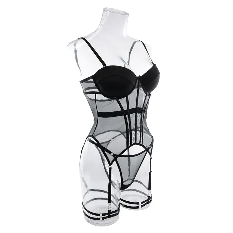 conjunto lingerie Body Corset Transparente c/Bojo Cinta-Liga preto sexy