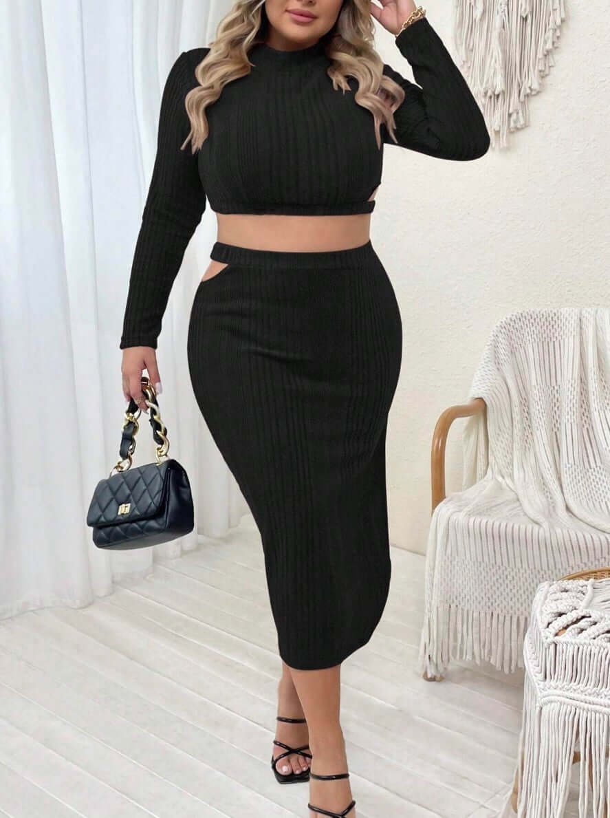 Conjunto Cropped com Saia Midi recortes Cut-Out plus size Manga Longa inverno preto