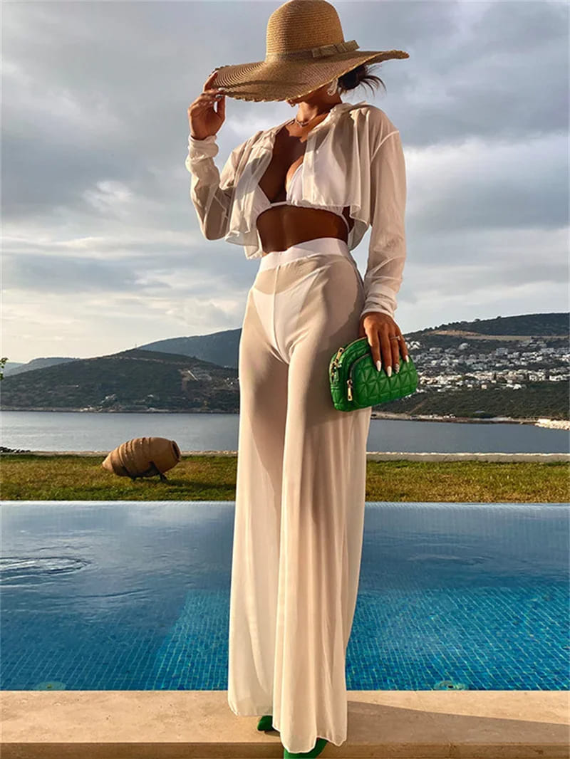 Conjunto Cropped Praiano + Calça + Biquíni de Tule branco elegante