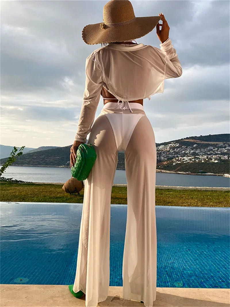 Conjunto Cropped Praiano + Calça + Biquíni de Tule branco elegante manga longa