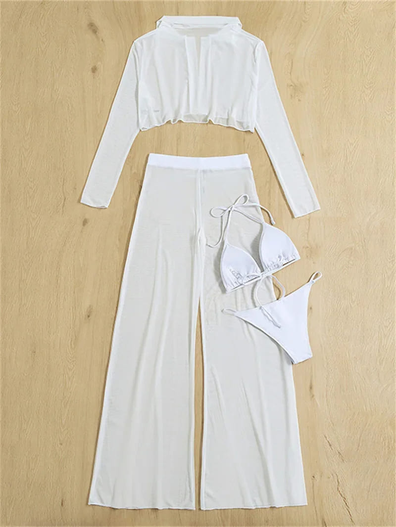 Conjunto Cropped Praiano + Calça + Biquíni de Tule branco elegante manga longa