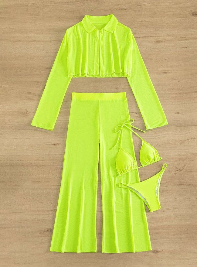 Conjunto Cropped Praiano + Calça + Biquíni de Tule verde neon festival festa rave