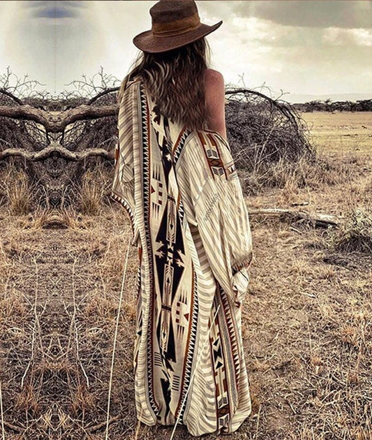 Kimono Longo Boho chic Estampado Oriental c/Faixa viscose