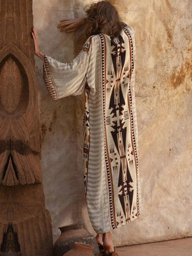 Kimono Longo Boho chic Estampado Oriental c/Faixa viscose