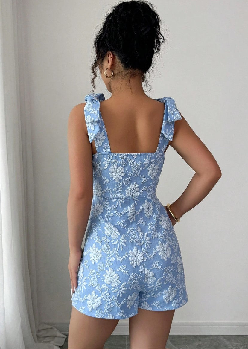 Macaquinho de Festa Floral em Jacquard elegante verão laços acinturado azul serenity