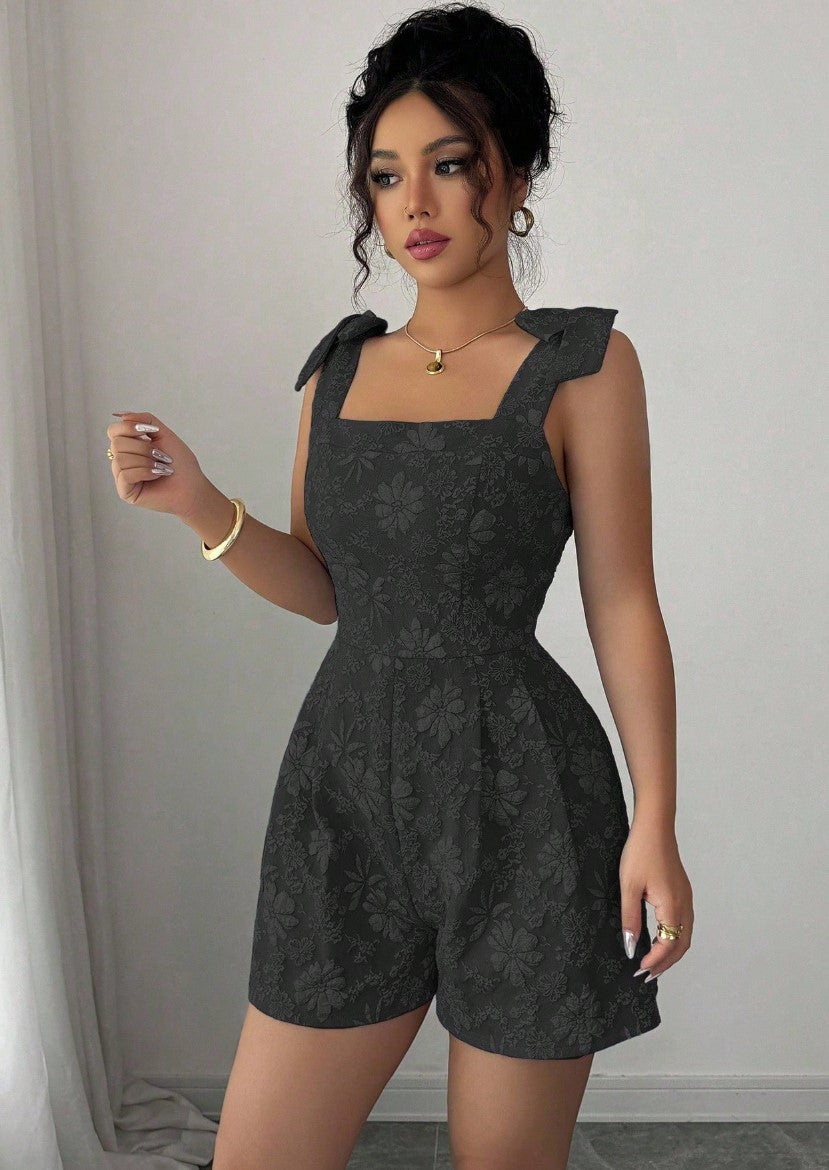 Macaquinho de Festa Floral em Jacquard elegante verão laços acinturado preto