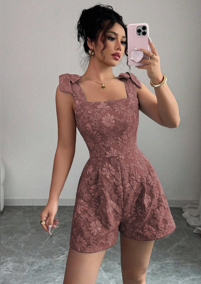 Macaquinho de Festa Floral em Jacquard elegante verão laços acinturado rosê