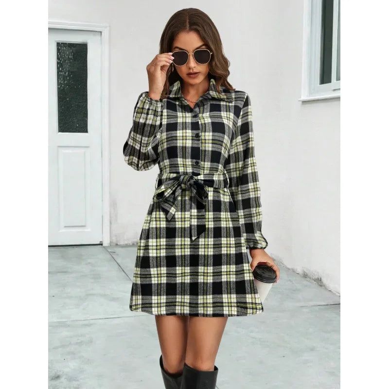 Vestido Xadrez Curto de Manga Longa Chemise