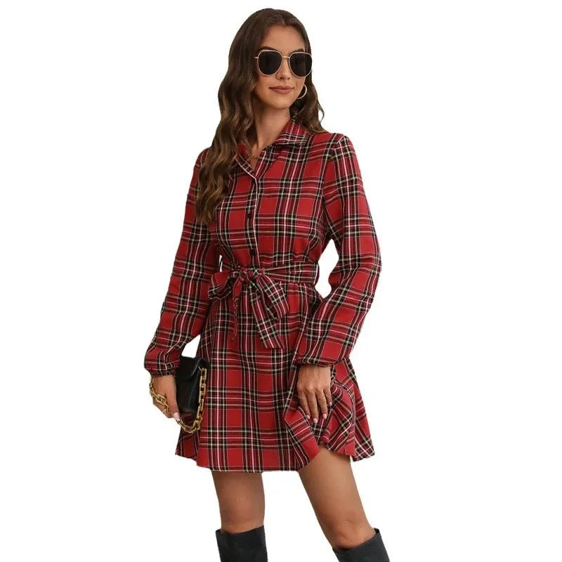 Vestido Xadrez Curto de Manga Longa Chemise