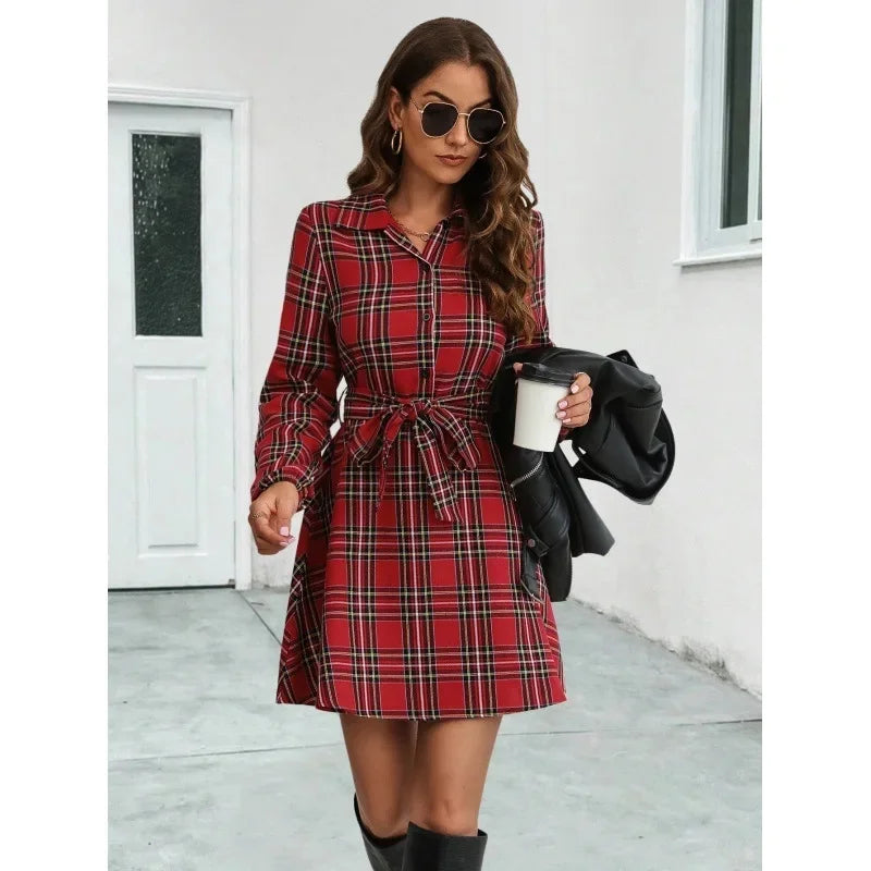 Vestido Xadrez Curto de Manga Longa Chemise