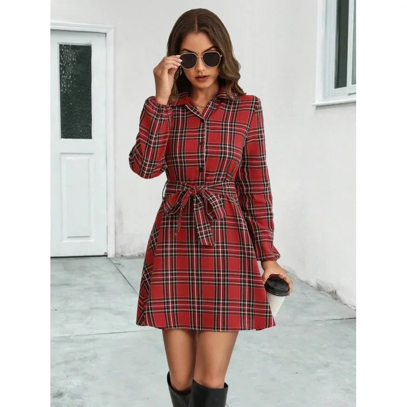 Vestido Xadrez Curto de Manga Longa Chemise