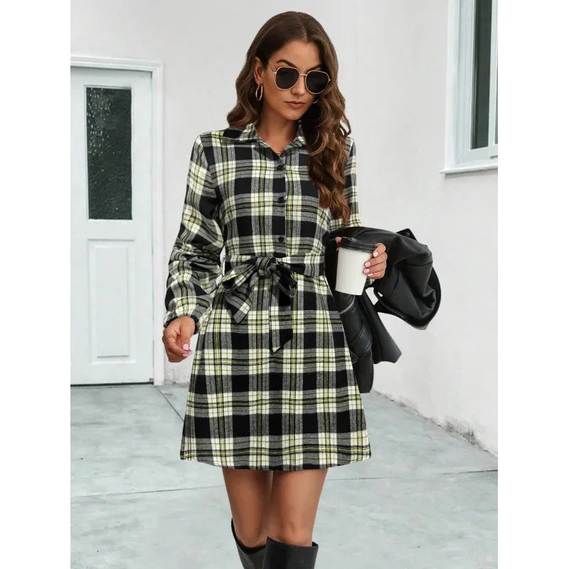 Vestido Xadrez Curto de Manga Longa Chemise