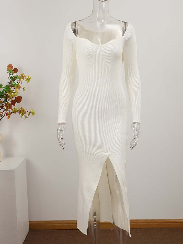 elegante Vestido de festa Tubinho Midi Inverno Tricô Decotado Fenda branco