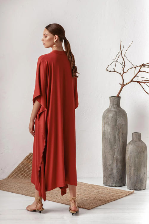 Vestido Midi Túnica de Praia Decote V kaftan casual plus size terracota viscose soltinho