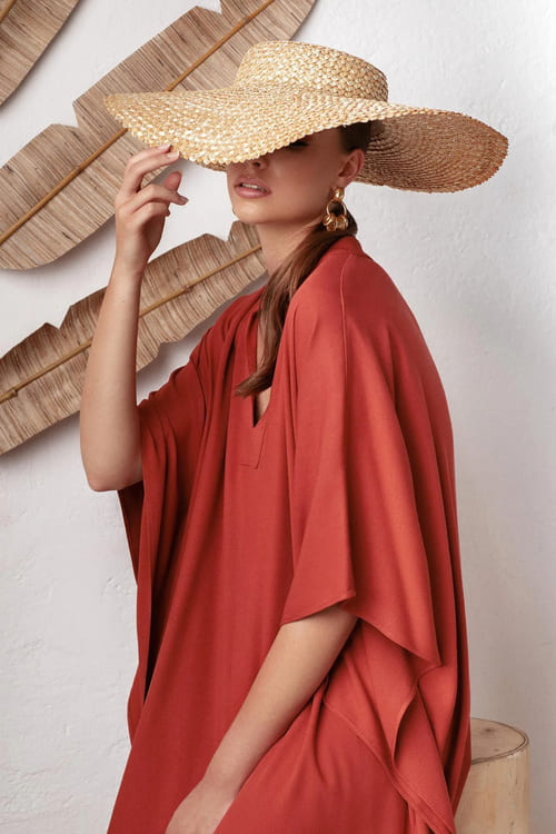 Vestido Midi Túnica de Praia Decote V kaftan casual plus size terracota viscose soltinho gordinha
