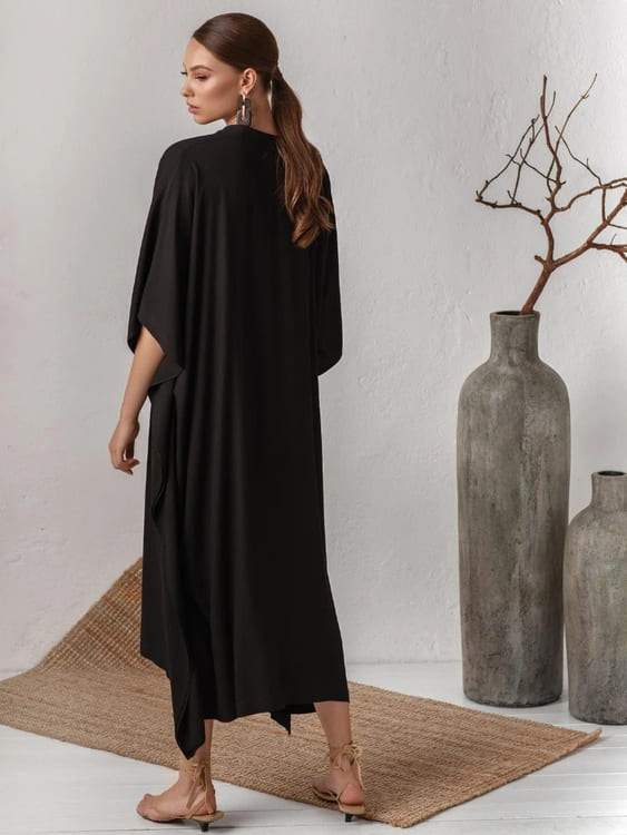 Vestido Midi Túnica de Praia Decote V kaftan casual plus size preto viscose soltinho