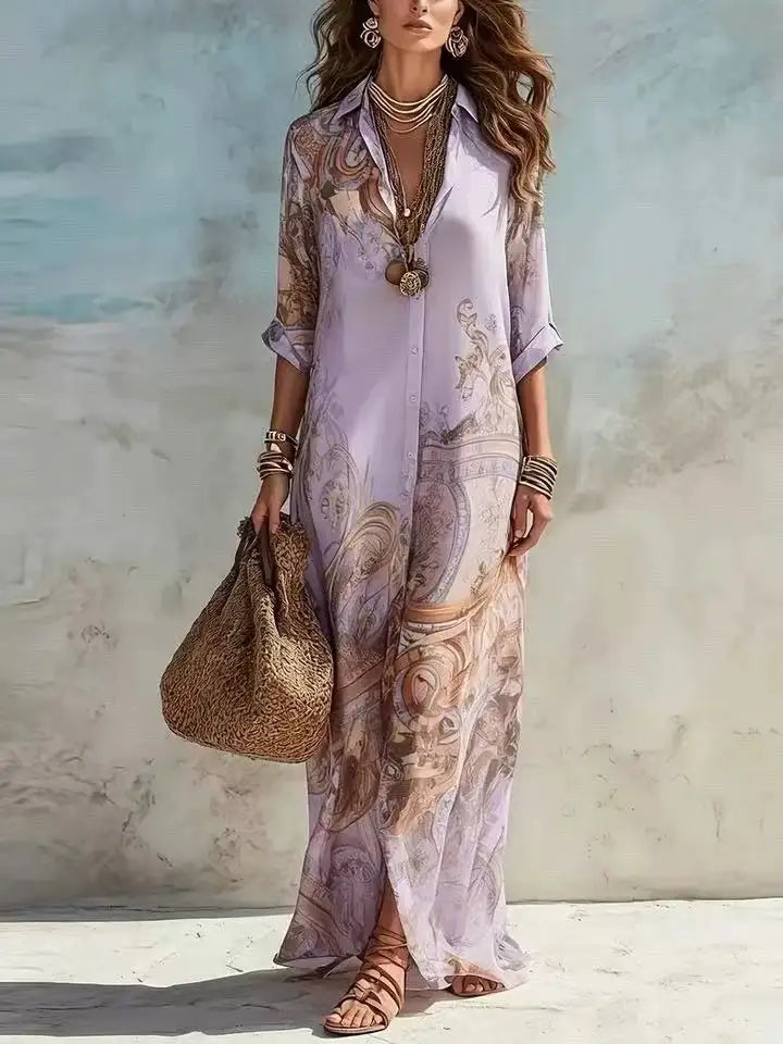 Vestido Longo Boho Chic Chemise Estampa Retrô