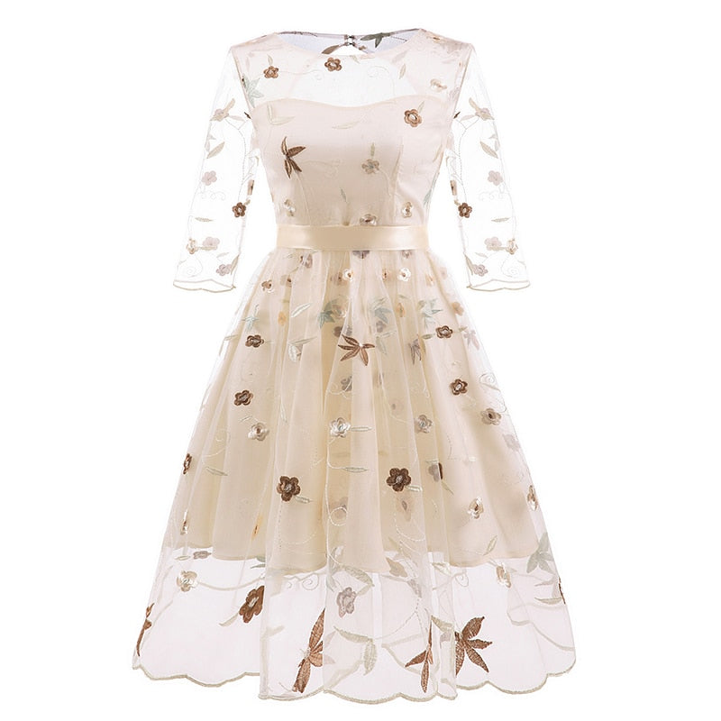 Vestido de Festa Bordado Pin Up Manga Transparente creme vintage retrô