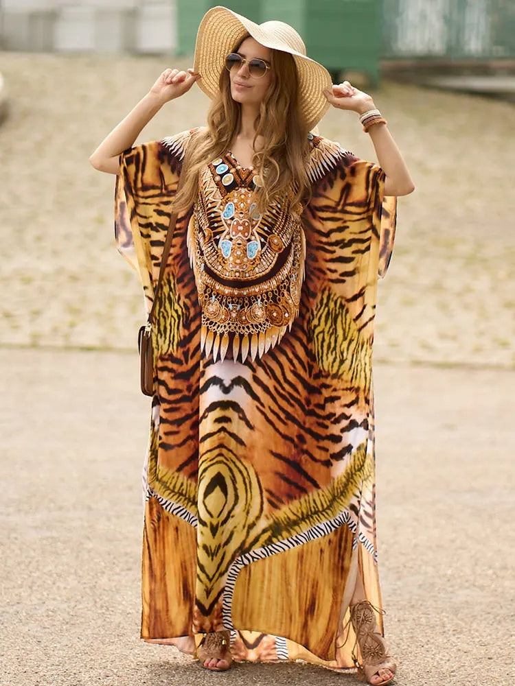 Vestido Saída de Praia Túnica Indiana Animal Print tigre étnico plus size