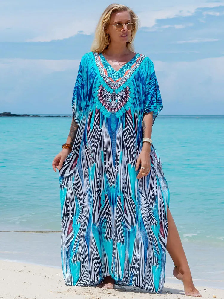 Vestido Saída de Praia Túnica Indiana Animal Print zebra azul étnico plus size