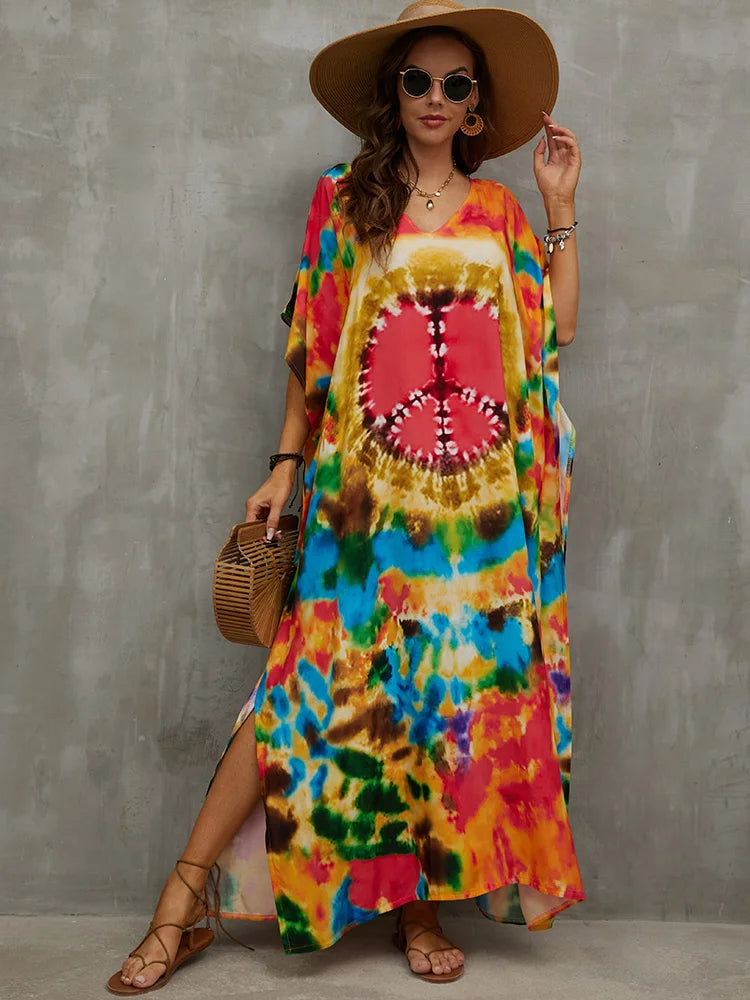 Vestido Saída de Praia Túnica Indiana tie dye paz étnico plus size