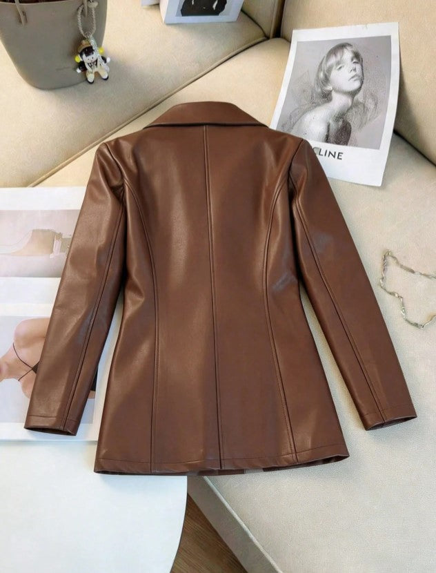 Casaco Blazer alongado de Couro Eco Elegante sofisticado marrom