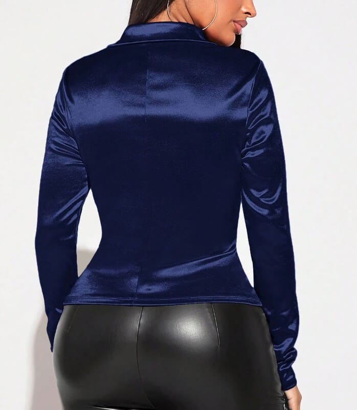 Camisa Malha Cetim Drapeada Festa sexy justa decote v manga longa marinho inverno