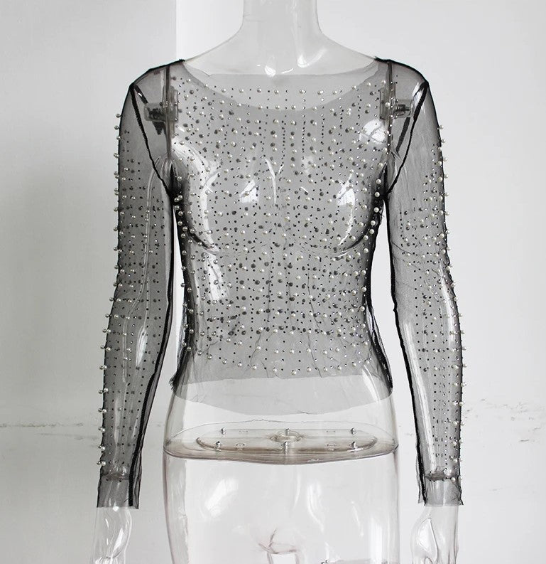 Blusa Cropped Transparente detalhes Pérolas Festa sobreposição sexy