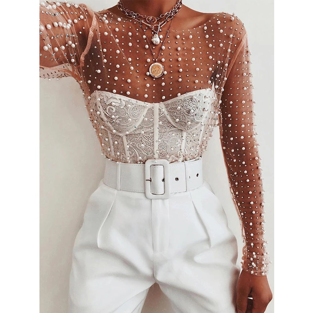 Blusa Cropped Transparente detalhes Pérolas Festa sobreposição sexy