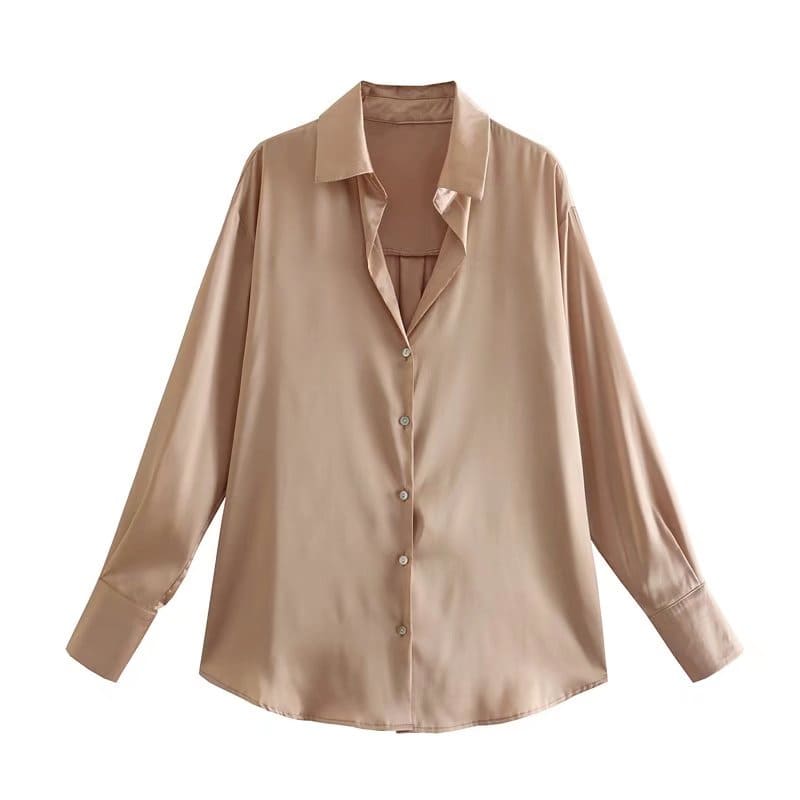 Camisa Social Cetim Oversized Decote V dourada