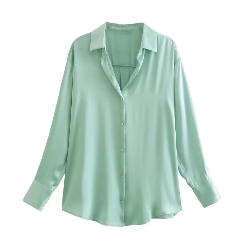 Camisa Social Cetim Oversized Decote V verde menta