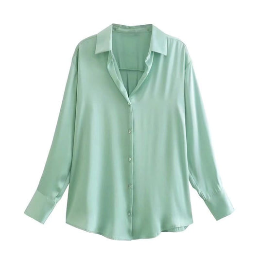 Camisa Social Cetim Oversized Decote V verde menta