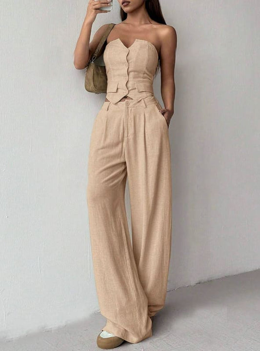 Conjunto Cropped Calça + Colete Alfaiataria verão meia-estação bege liso