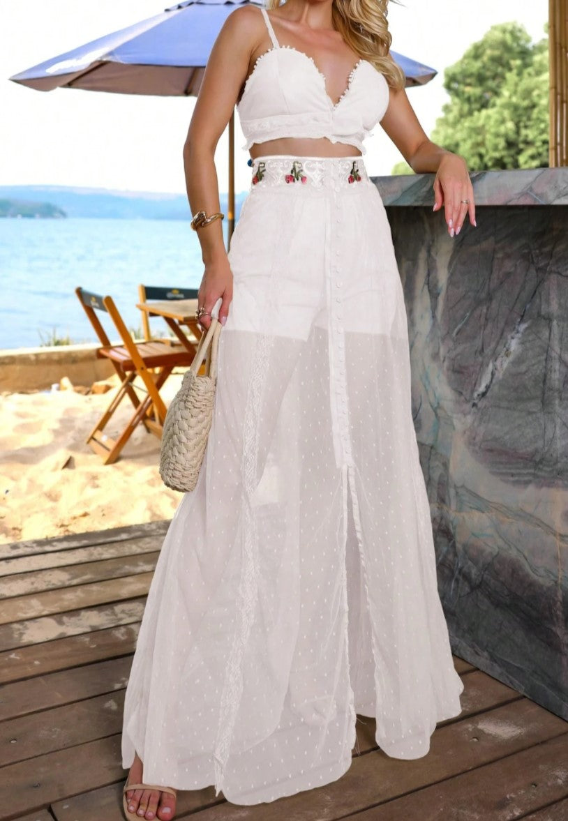 Conjunto Saia Longa Transparente tule poá e Cropped Bordados verão alcinha bojo sofisticado festa praia branco reveillon