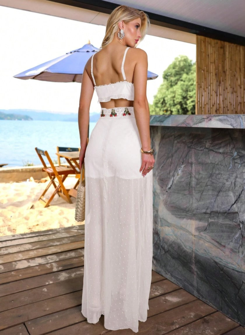 Conjunto Saia Longa Transparente tule poá e Cropped Bordados verão alcinha bojo sofisticado festa praia branco reveillon