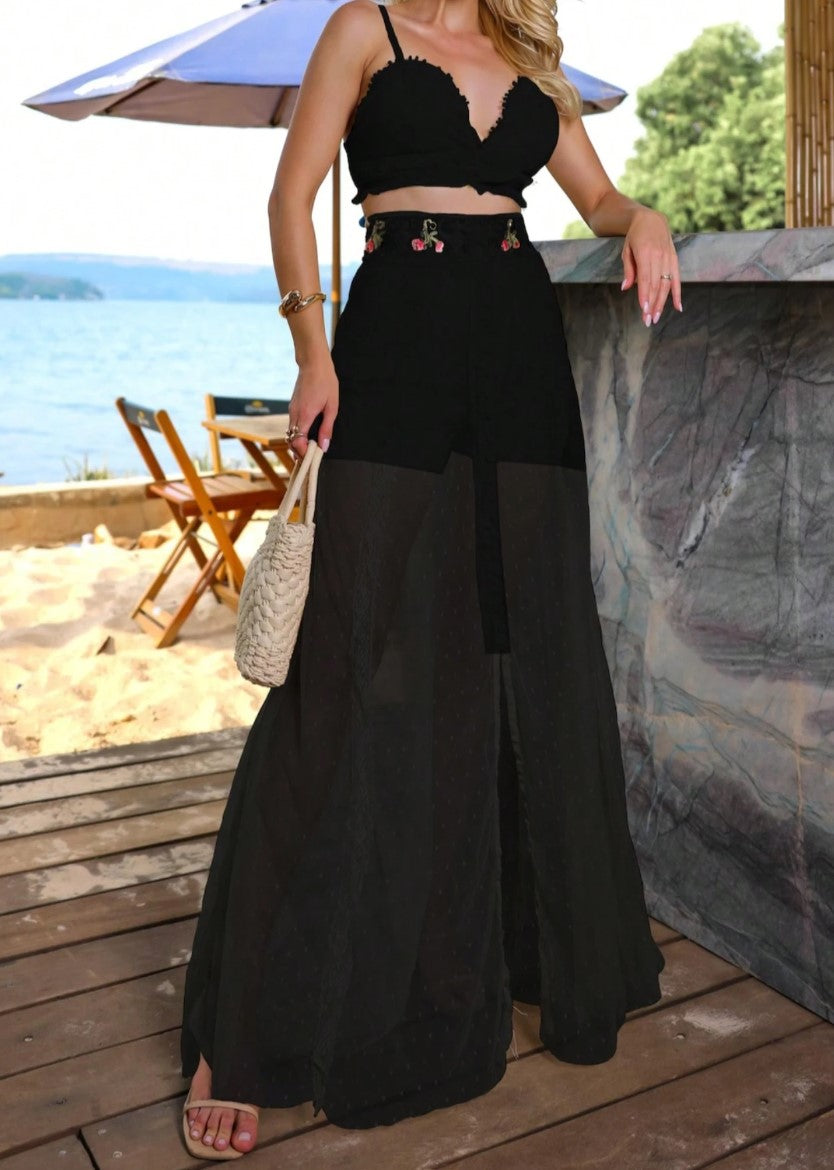 Conjunto Saia Longa Transparente tule poá e Cropped Bordados verão alcinha bojo sofisticado festa praia preto