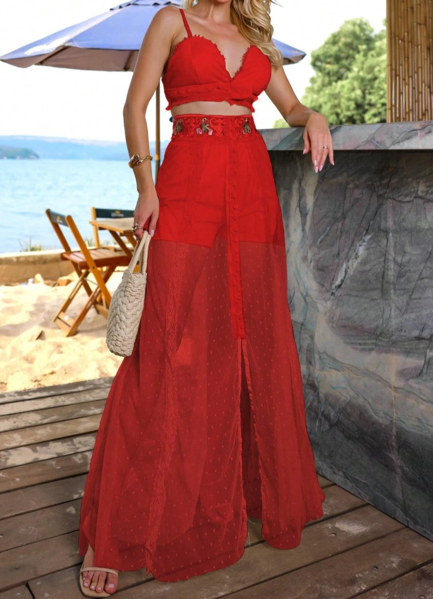 Conjunto Saia Longa Transparente tule poá e Cropped Bordados verão alcinha bojo sofisticado festa praia vermelho