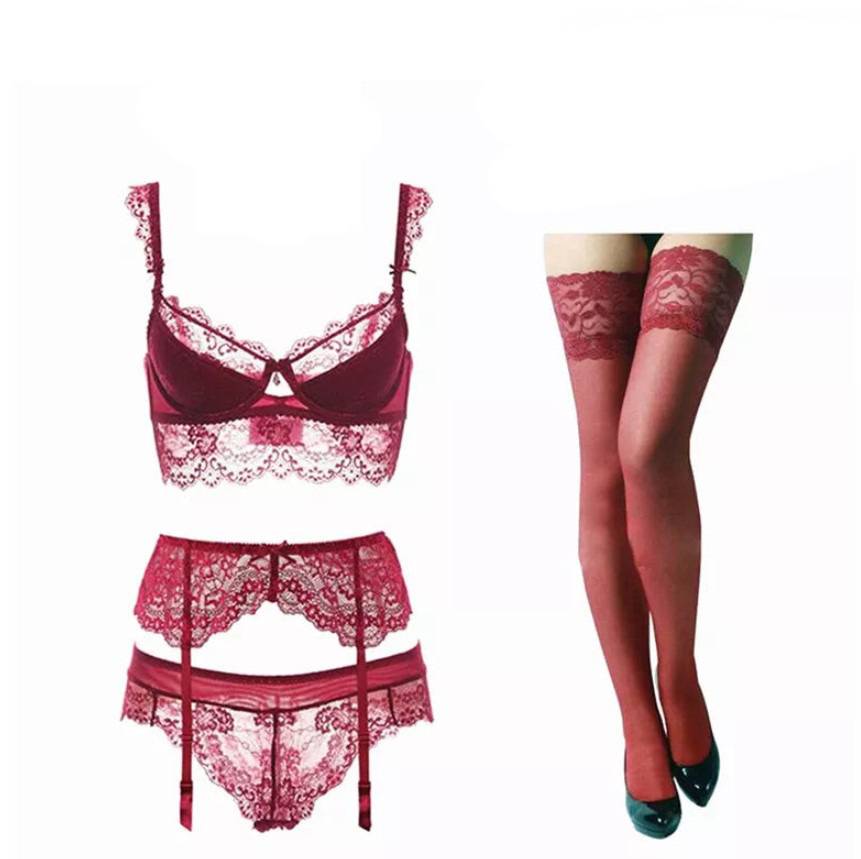 Conjunto Lingerie de Renda com Cinta-Liga + Meia 7/8 vermelho sexy sensual erotico