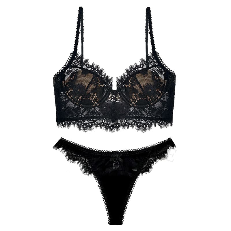 conjunto lingerie sutiã de renda push up sexy preto bojo calcinha fio dental
