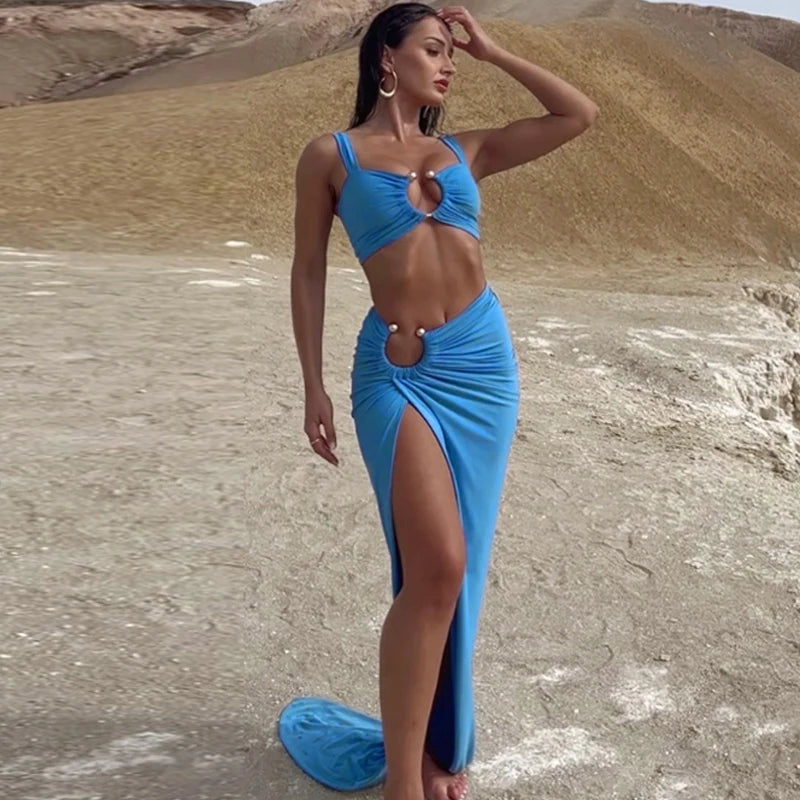 Conjunto Saia Longa com Cropped Praiano Argola azul