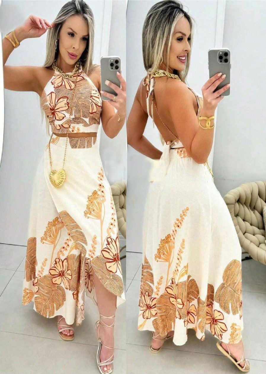 Conjunto Saia Longa e Cropped Floral Bojo branco estampado verão costas nuas