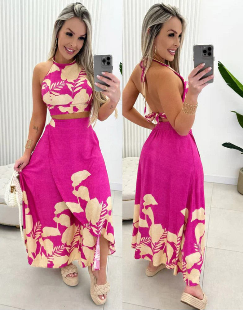 Conjunto Saia Longa e Cropped Floral Bojo rosa pink estampado verão costas nuas