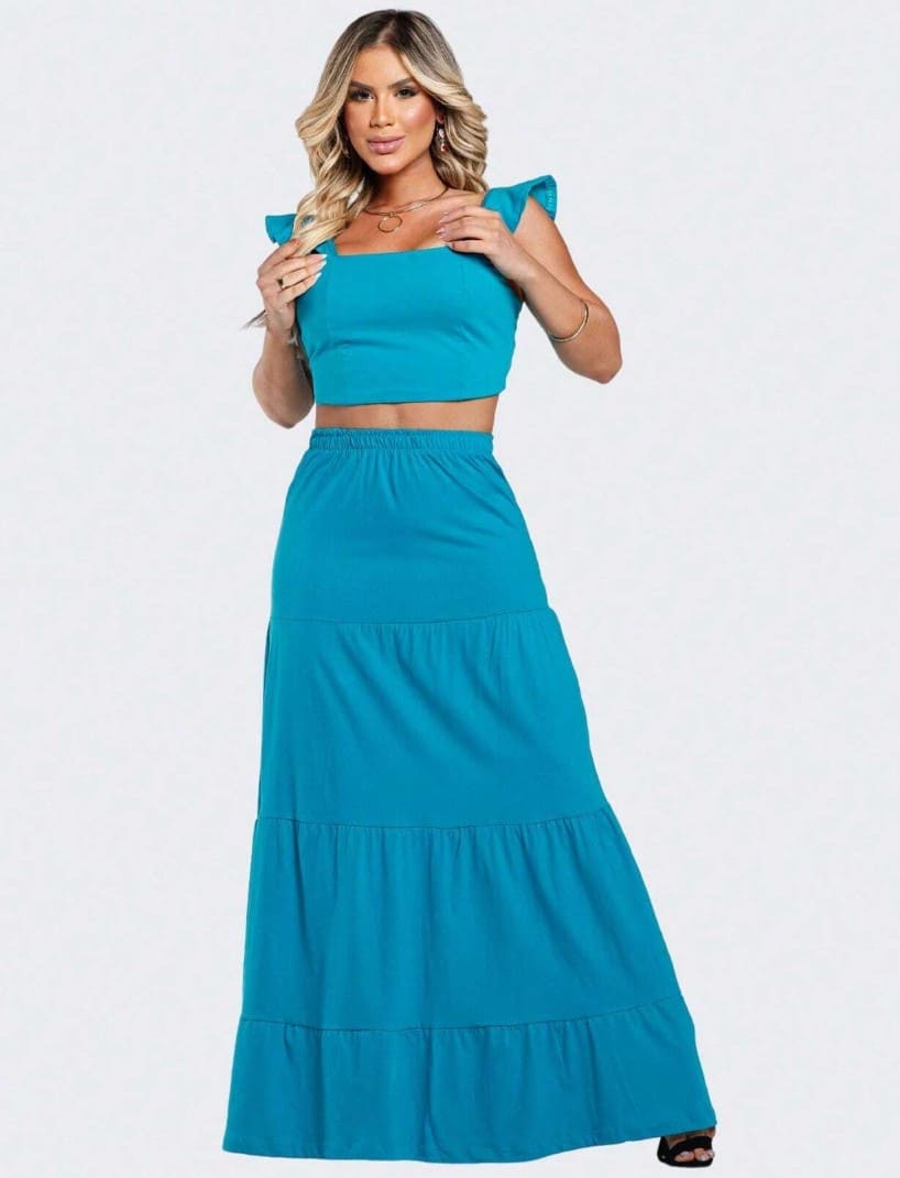 Conjunto Saia Longa com Cropped verão azul claro