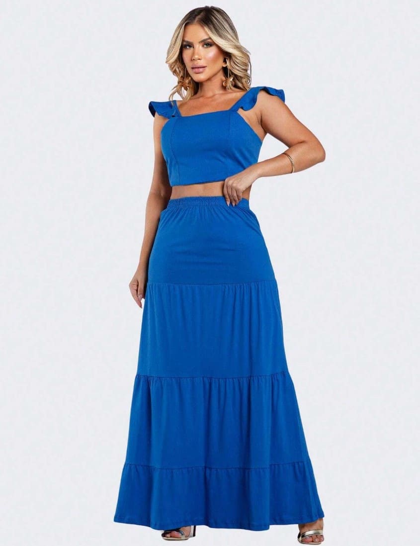 Conjunto Saia Longa com Cropped verão azul royal