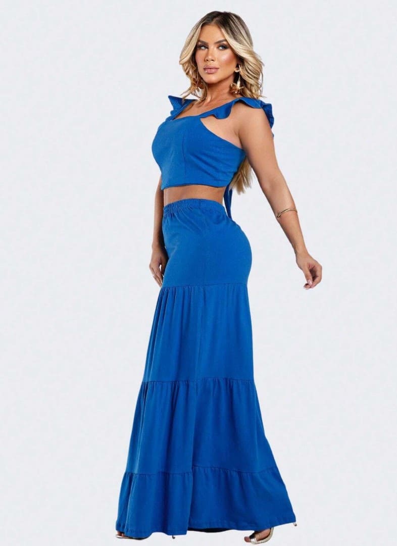 Conjunto Saia Longa com Cropped verão azul roayl