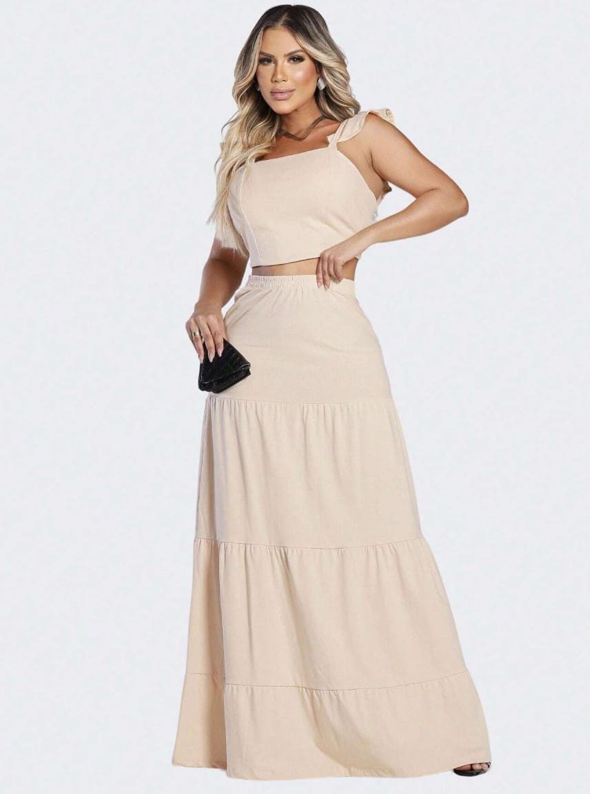 Conjunto Saia Longa com Cropped verão bege creme