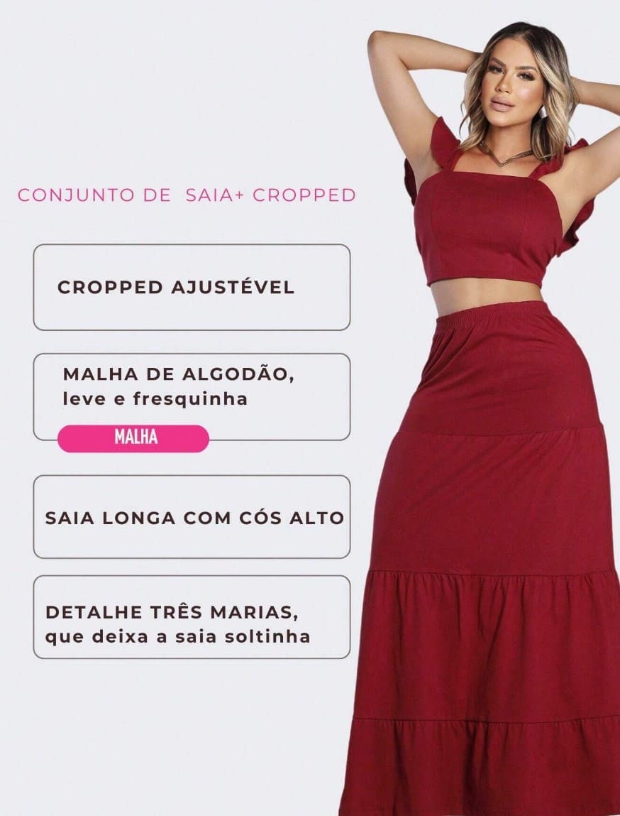 Conjunto Saia Longa com Cropped verão vinho bordô