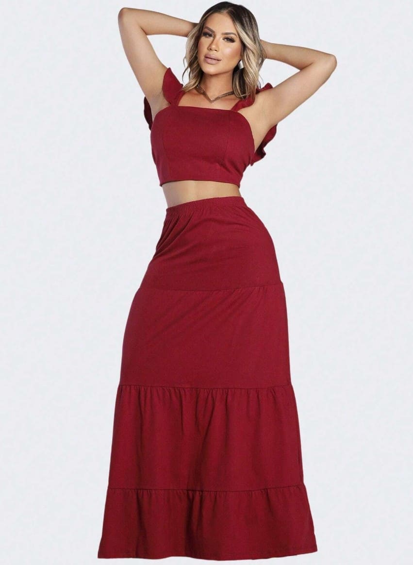 Conjunto Saia Longa com Cropped verão vinho bordô