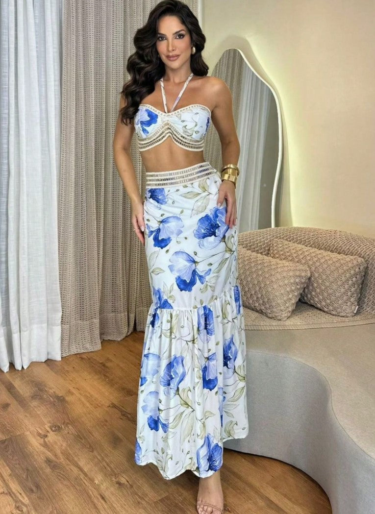Conjunto Saia Longa c/ Cropped Floral Tomara que Caia azul branco estampado verão